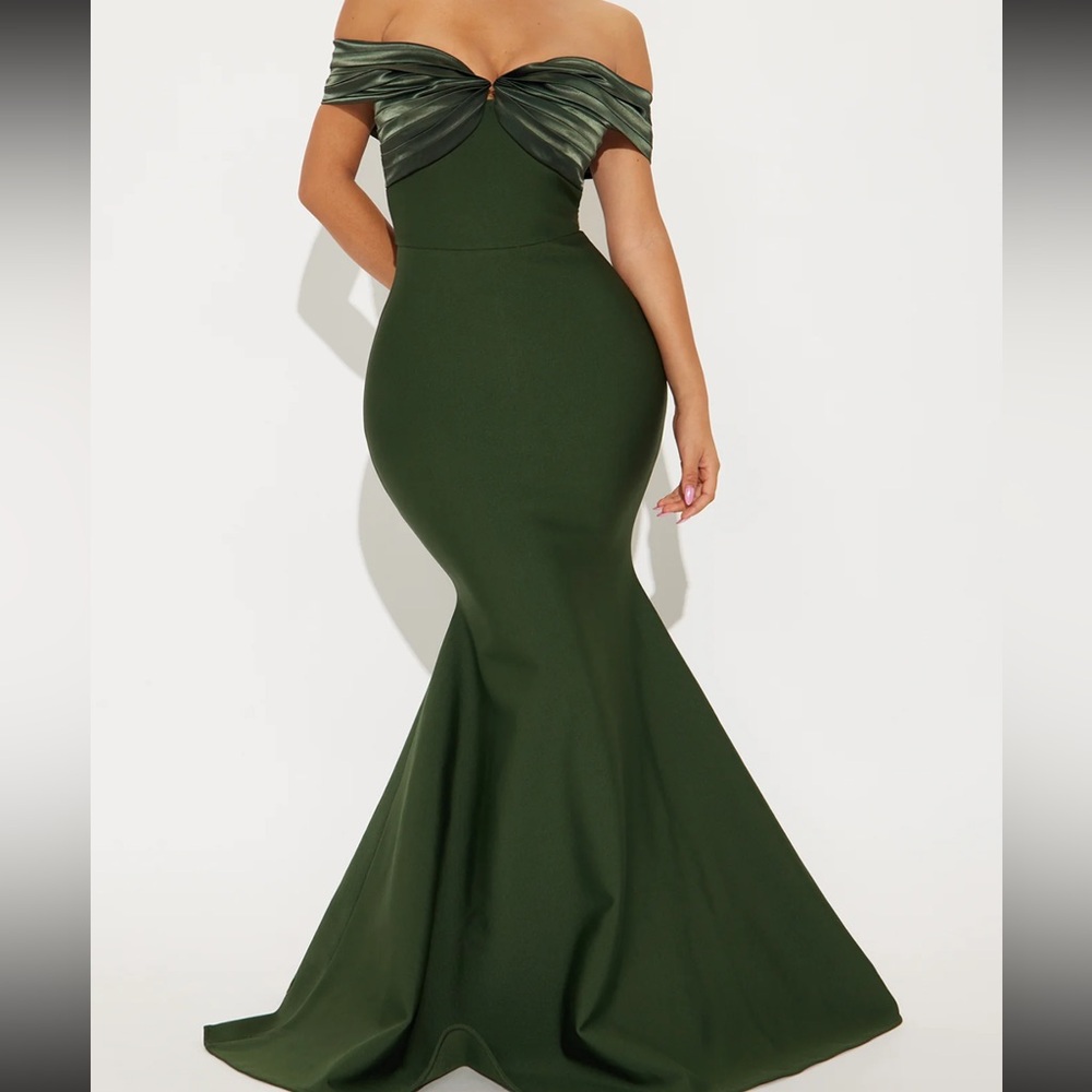 Elegant Off-Shoulder Olive Green Evening Gown